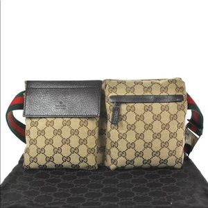 Gucci Beige GG Supreme Dual-Pocket Crossbody with Green and Red Web Strap